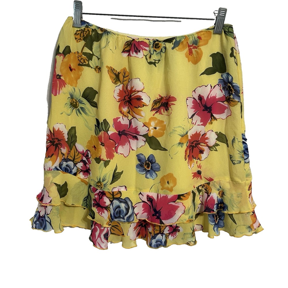 Boston Proper Yellow Red Tropical Floral‎ Hawaiian Lined Skirt 100% Silk Size M